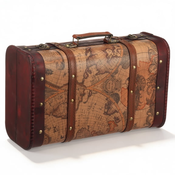 Austok Vintage Leather Suitcase Leather Decorative Prop Luggage Portable Wooden Storage Carrying Case for Storing Clothes Travel