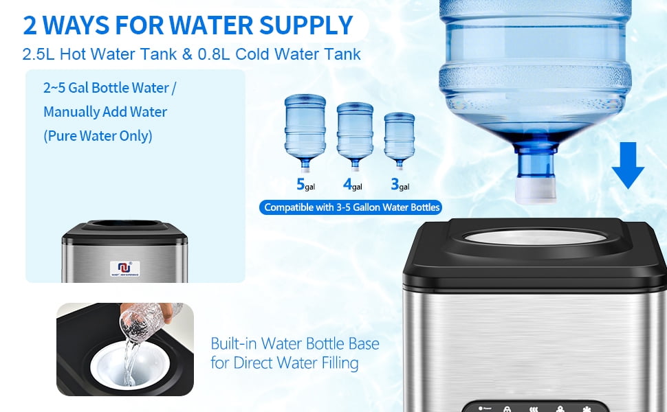 Portable Ice Maker Water Cooler Dispenser 3-in-1, Countertop Model with Built-in Ice Maker, Includes 10 Ft Water Inlet Hose, Produces 44 lbs of Ice Daily, 4lb Ice Storage (ice Maker+Hose)