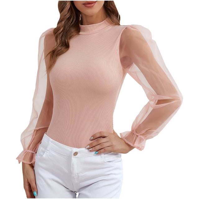 Haut à Manches Longues en Polyester à Bordure en Dentelle Fluide Mode Multicolore pour Femmes (Rose, m)