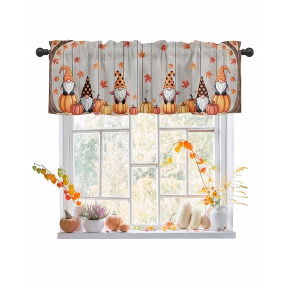 Valances for Windows, Thanksgiving Fall Cute Gnome Pumpkin Wood Striped Rod Pocket Short Window Valance Curtains Holiday Window Treatment for Kitchen Living Room Bathroom, 42"x12"