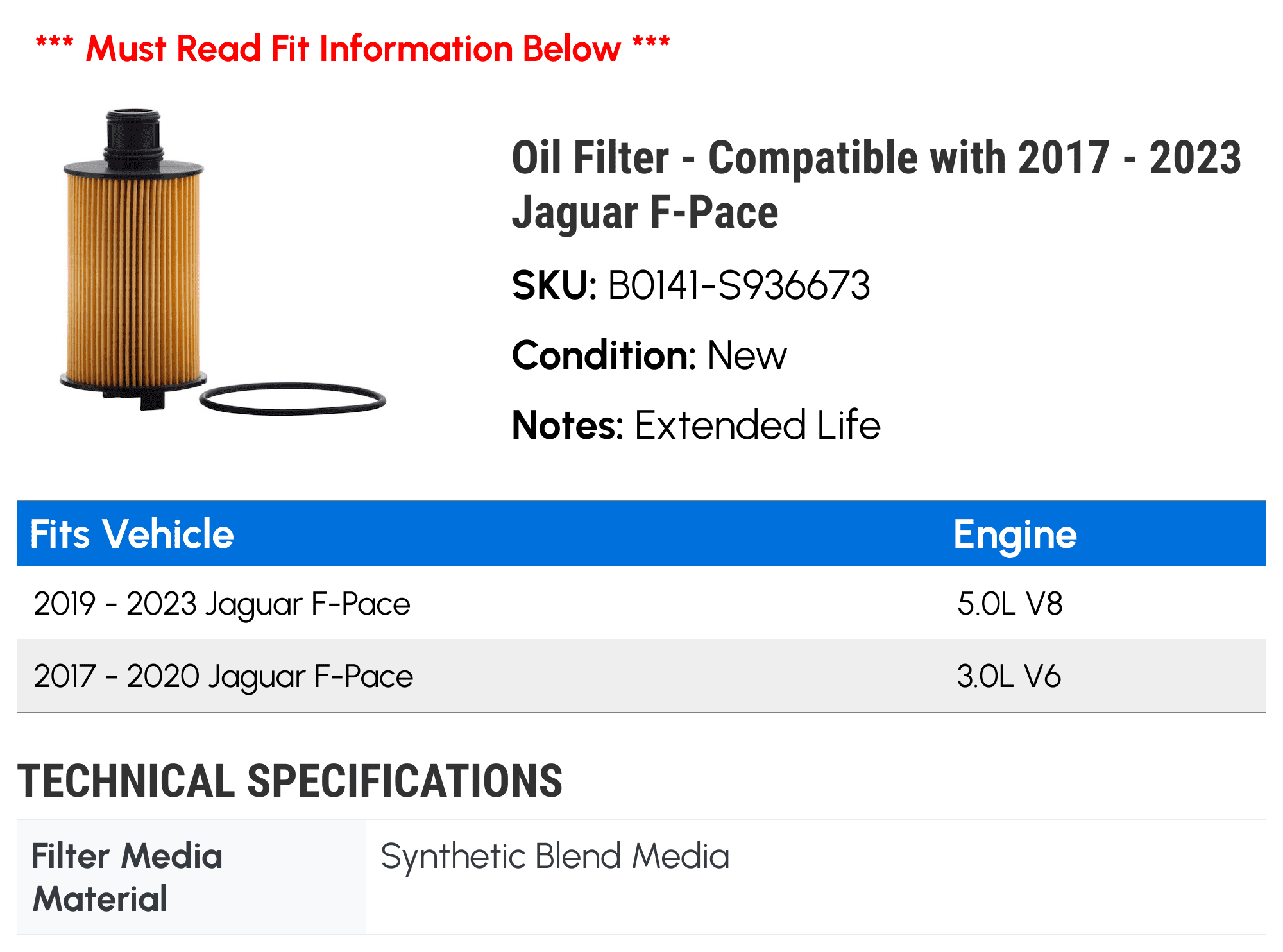 Oil Filter - Compatible with 2017 - 2023 Jaguar F-Pace 2018 2019 2020 2021 2022