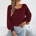 thumbnail image 2 of Women Plaid Knit Sweater Squares Neck Long Puff Sleeve Waist Cuffs Short Knitwear Pullover Tops for Casual Daily Wear Wine XL, 2 of 8