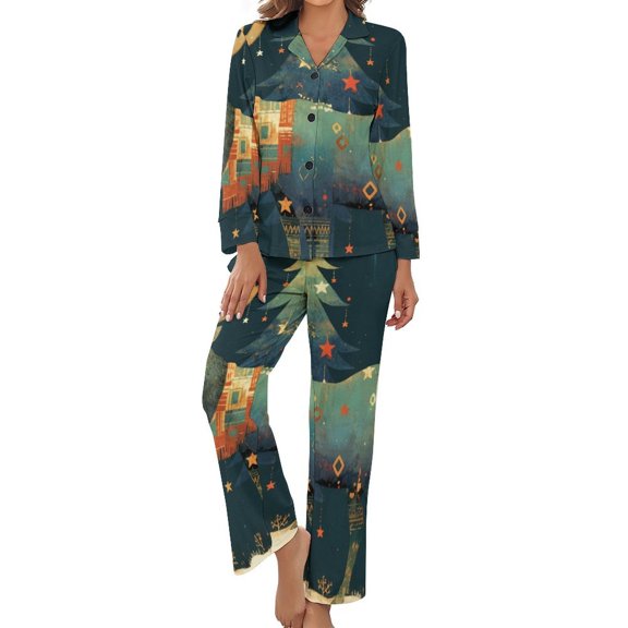 PoBuds Women's Long Sleeve Flannel Pajama Set Sleepwear Merry Christmas Deer Holiday Decor XL