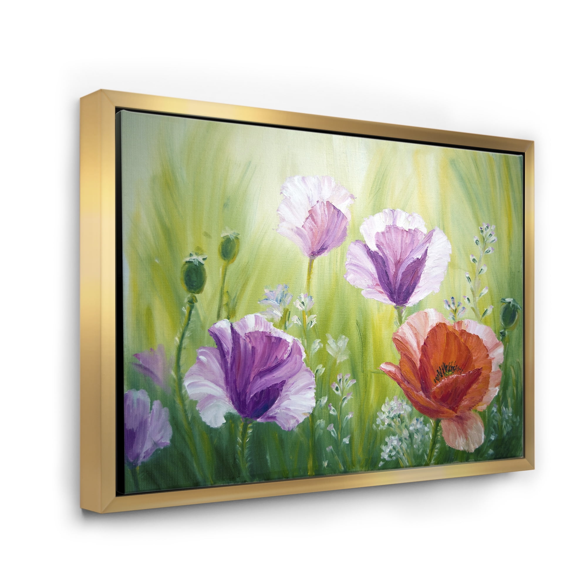 Designart 'Blossoming Red and Purple Poppies In The Morning II' Traditional Framed Canvas Wall Art Print
