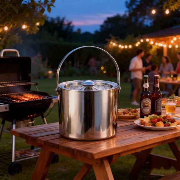 CuiLiyq Ice Bucket With Lid, Insulated Silver Ice Bucket for Cocktail Bar, Double Walled Stainless Steel, 2 L, Ice Bucket with Handle (Silver)