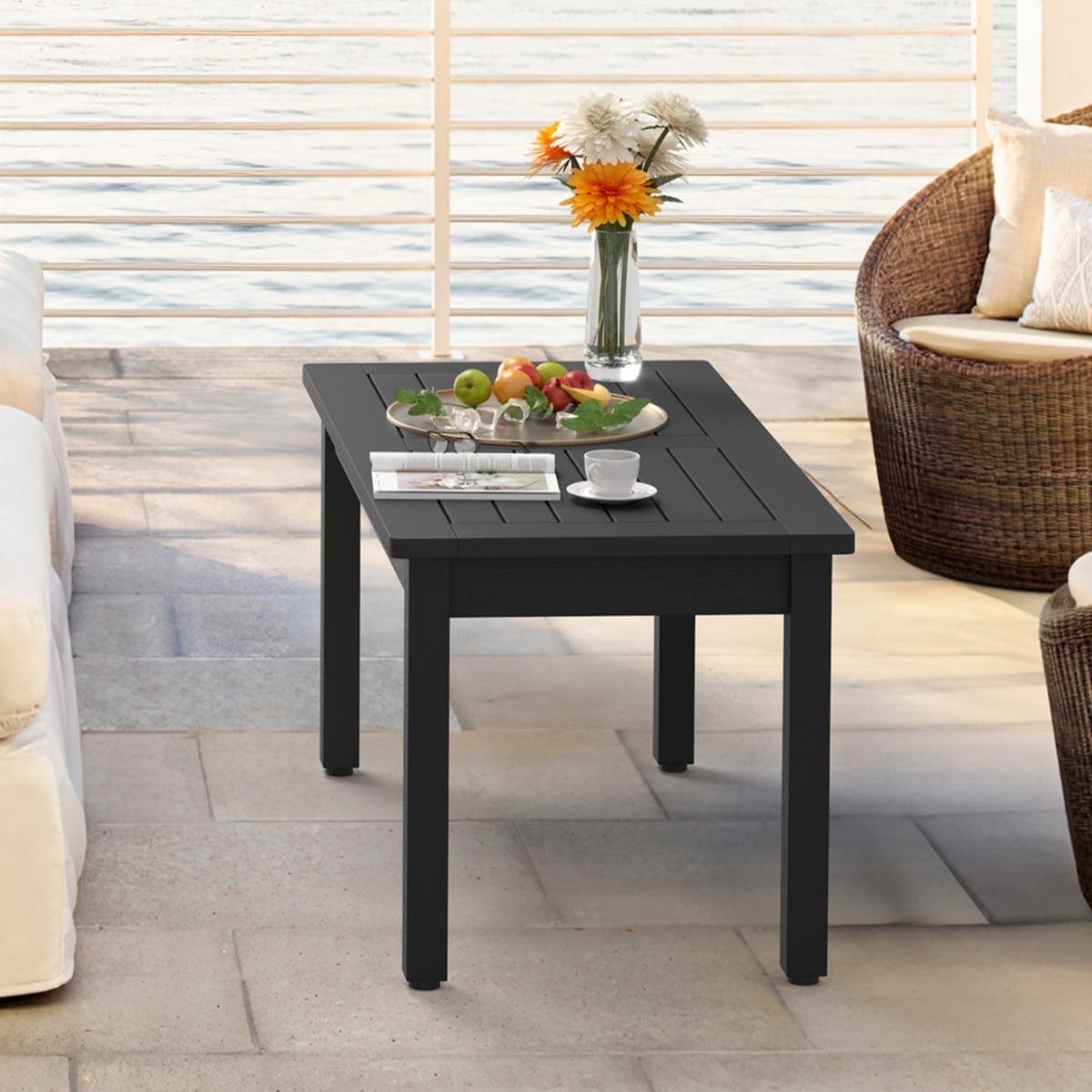 LUE BONA Outdoor Coffee Table Rectangle, HDPS Patio Table for Outside, 17.7"x 35"x 17.7", Black