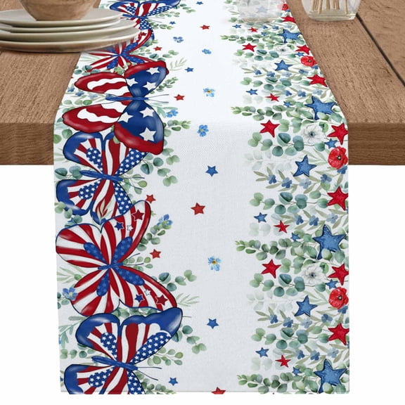 nqOlkjepod Independence Day Table Runner 48 Inches Long Farmhouse Dress Scarves, 4th of July Eucalyptus Red Blue Butterfly Dining Tablerunner for Coffee Table/Kitchen Island/Party Décor, 13" x 48"
