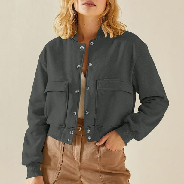 HongQid Women's Bomber Jackets Winter Trendy Varsity Jackets Shackets Button Down Cropped Coats with Pockets