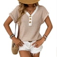 thumbnail image 7 of Oplxuo Summer Knitted Tops for Women Casual Striped Button Up V Neck Blouse Short Sleeve Loose Pullover Tee Shirts, 7 of 7