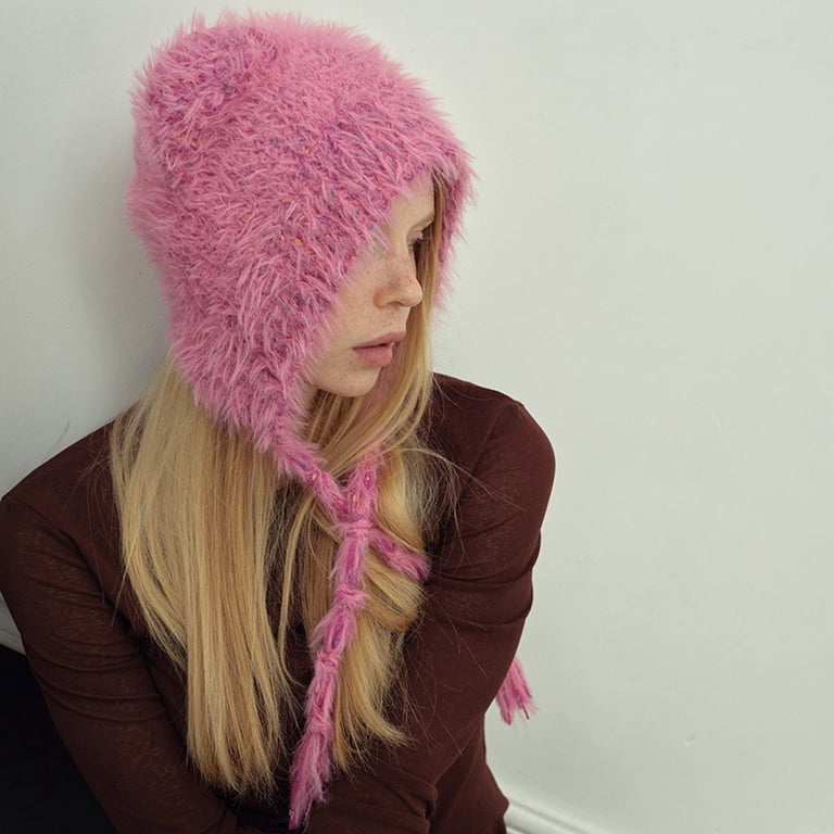 Cute Cat Ear y2k Furry Knit Beanie with Long Ear Straps Winter Hat Y2K Red & Pink Cat Ear Beanie With Bows - Etsy main image 4
