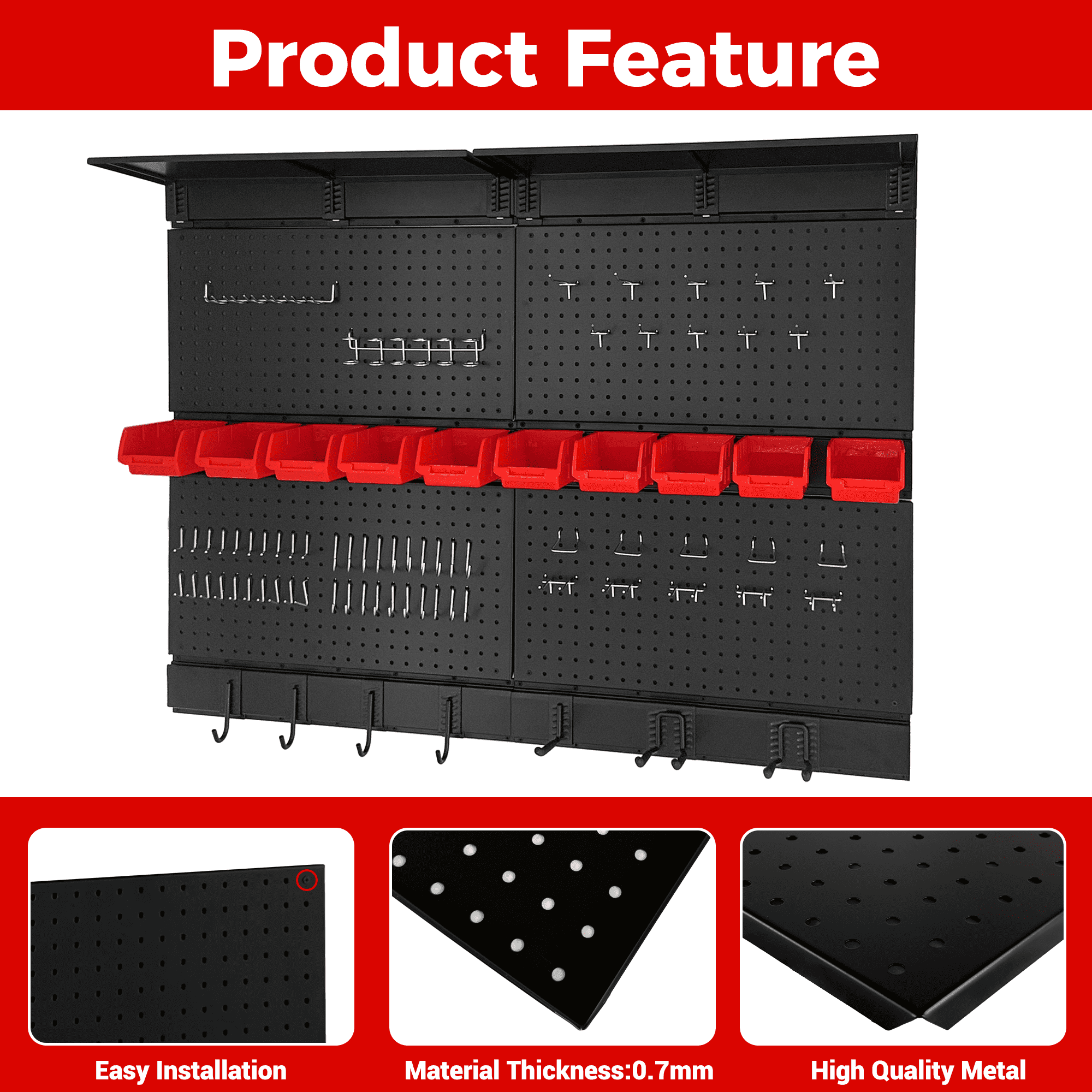 Pegboard Wall Organizer,48 x 36 inch Garage Storage Pegboard ,Metal Peg Board with Hooks & Storage Bins, Tool Panel Organizer
