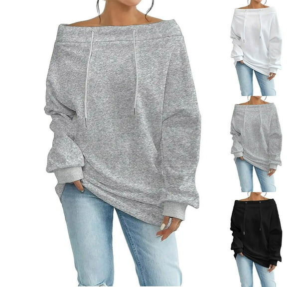 Miluxas Womens Long Sleeve off Shoulder Sweatshirt Solid Drawstring Soft Pullover Tops Sweatshirts Casual Shirts White XL(XL)