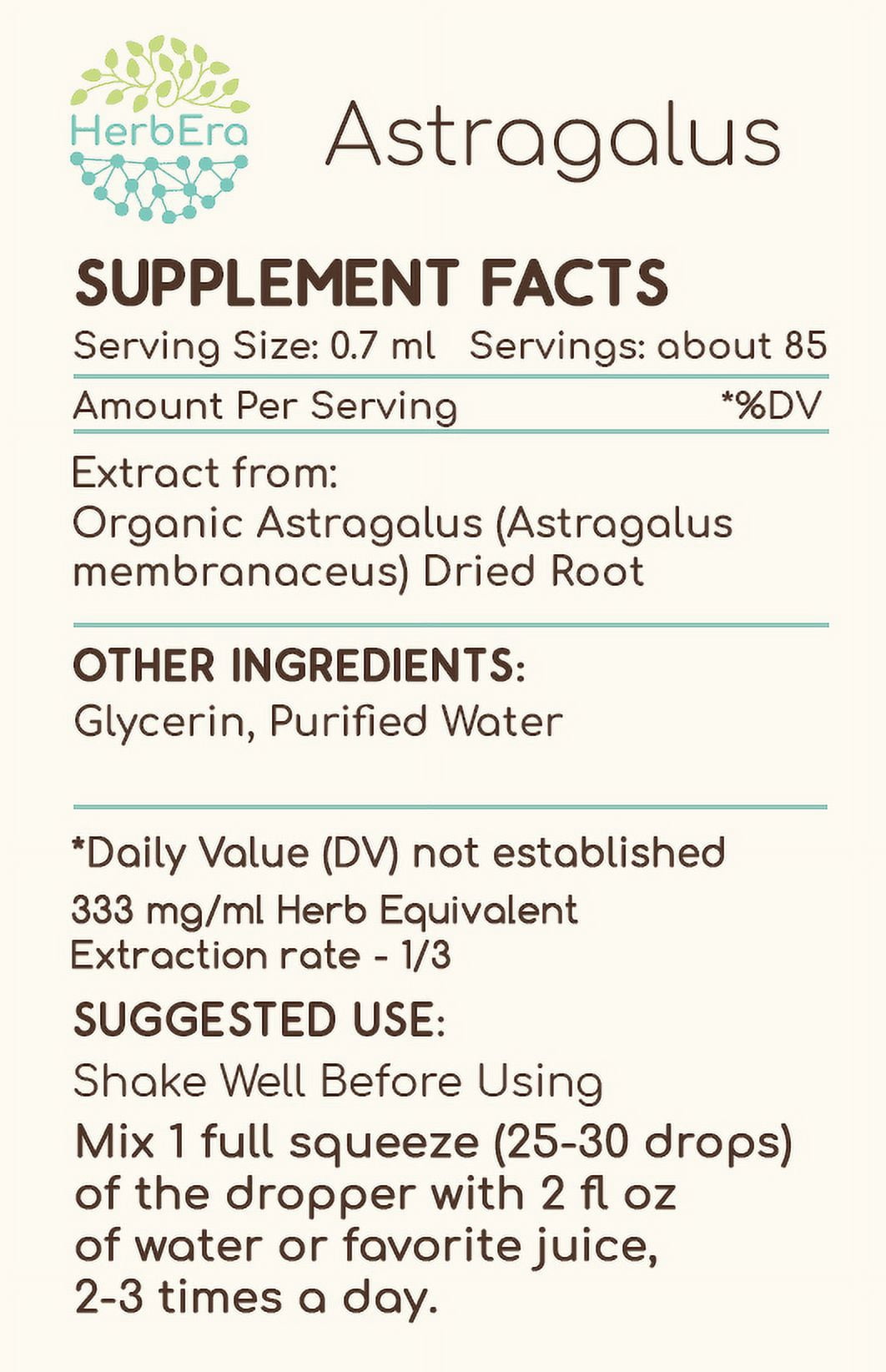 HerbEra Astragalus Tincture, Herbal Dietary Supplement for Immune Support, Astragalus (Astragalus membranaceus) Dried Root Extract, Natural, Alcohol-Free, Drops 2 oz