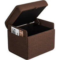 18" Square Ottoman with Storage, Fabric Foot Rest Stool with Side Pocket, Small Cube Upholstered Cotton Linen Footstool, Load up to 350 lb, for Living Room, Bedroom, Dorm, Coffe Brown