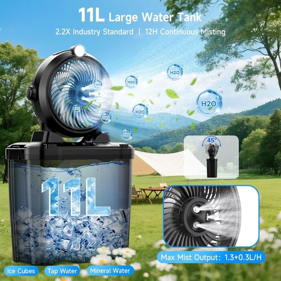 Portable Misting Fan with 11L Bucket & 20000mAh Battery, Rechargeable Battery Powered Fans for Patios with Night Light, 3 Wind Speed & 4 Spray Mister Camping Outdoor Fans, Waterproof Design