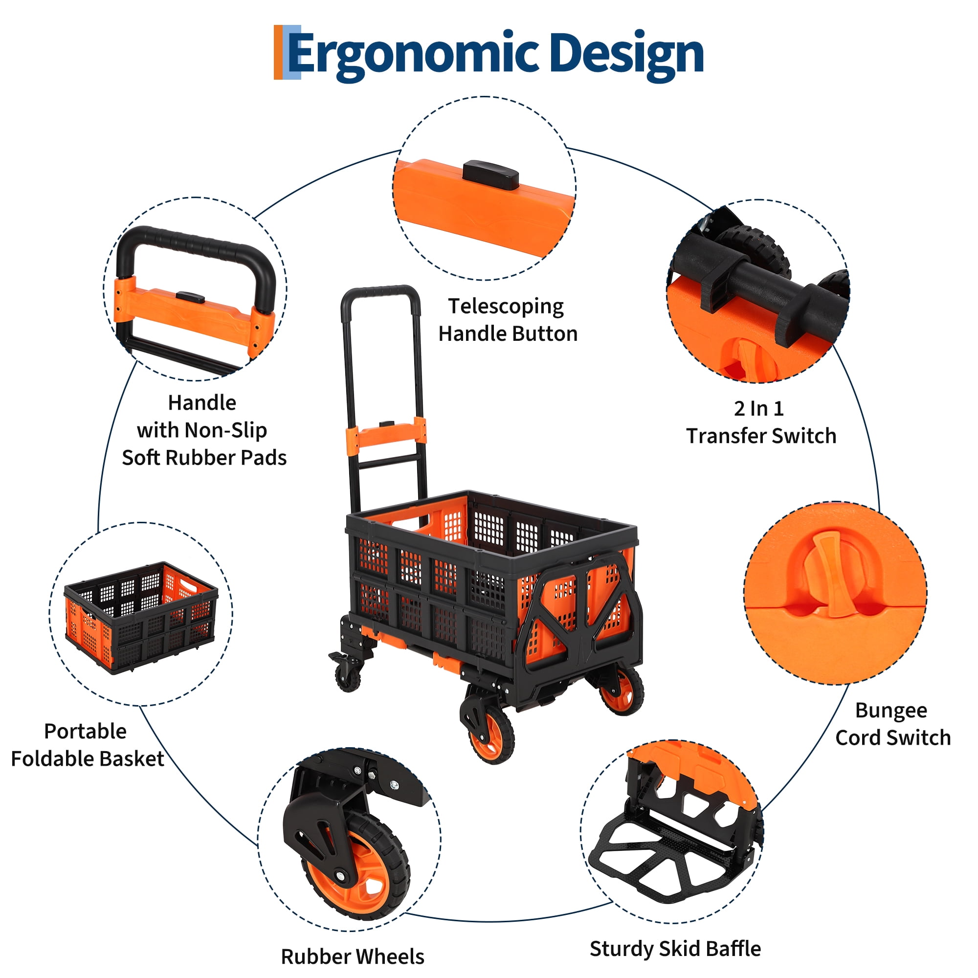 2-in-1 Heavy Duty Folding Hand Truck Dolly – Convertible 4-Wheel Flatbed Platform – 330/500 LB Capacity, Collapsible Basket, Telescopic Handle, 360° Wheels, Adjustable Straps