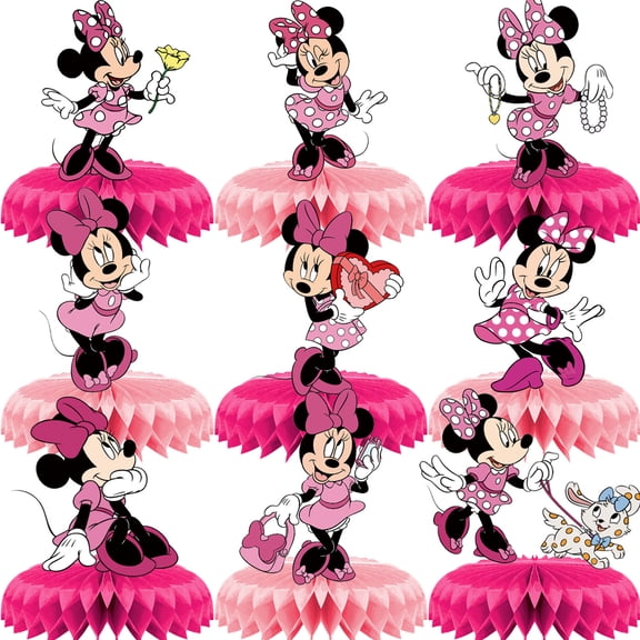 9PCS Minnie Decorations Set - Pink angel Themed Honeycomb Centerpiece, Table Decoration for Kids' Birthday Party Supplies