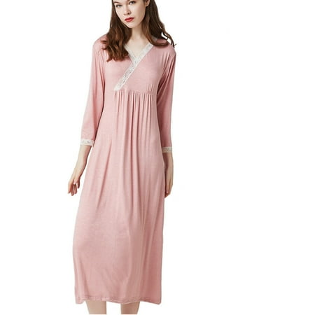 

Kadahis Nightgown Womens V Neck Loungewear Sleep Dress Casual Loose Caftan Modal Long Night Shirt