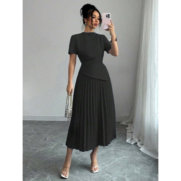 Women's Round Neck Short Sleeve Dress for Elegant Office and Work Wear