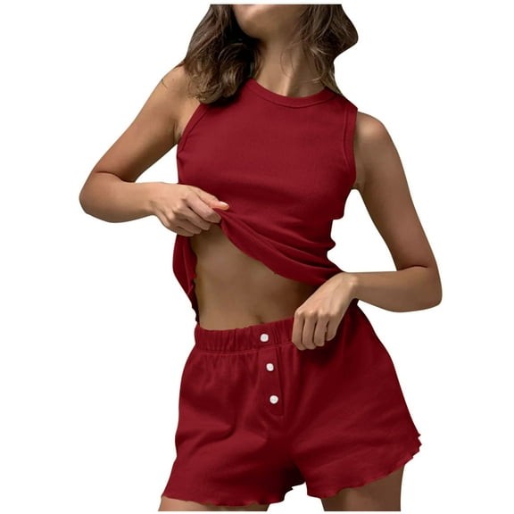 Tnhcen Women's Stretch Solid Crewneck Sleepwear Set Elastic Waist Shorts with Ribbed Design for S-XL Cozy Home Wear