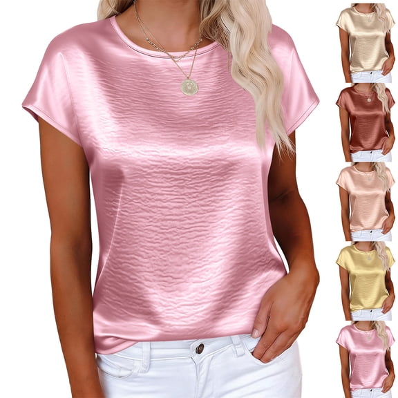 FRSASU Womens Short Sleeve Tops Summer T Shirts Round Neck Solid Color Glossy Causal Fashion Basic Tee Yellow