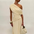 thumbnail image 4 of Apricot Women One Shoulder Ruched Maxi Dress Asymmetrical Draped Neck Slim Fit Evening Party Gown, 4 of 5