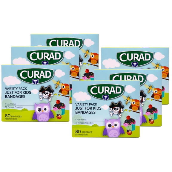 6 Pack - Curad Just for Kids Bandages, 4 Fun Themes, Colorful, All-Purpose Protection Plastic Bandages, 4-Sided Seal, Variety of Sizes, 80 Count