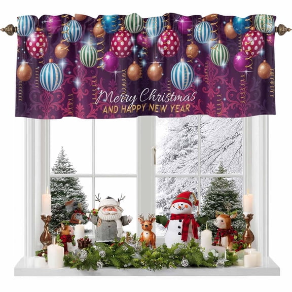 Color Striped Ball Valances for Windows, 42 x 18in, Merry Christmas and Happy New Year Rod Pocket Kitchen Valance Curtain Light Filtering Window Treatments for Living Room Bedroom, 1 Panel