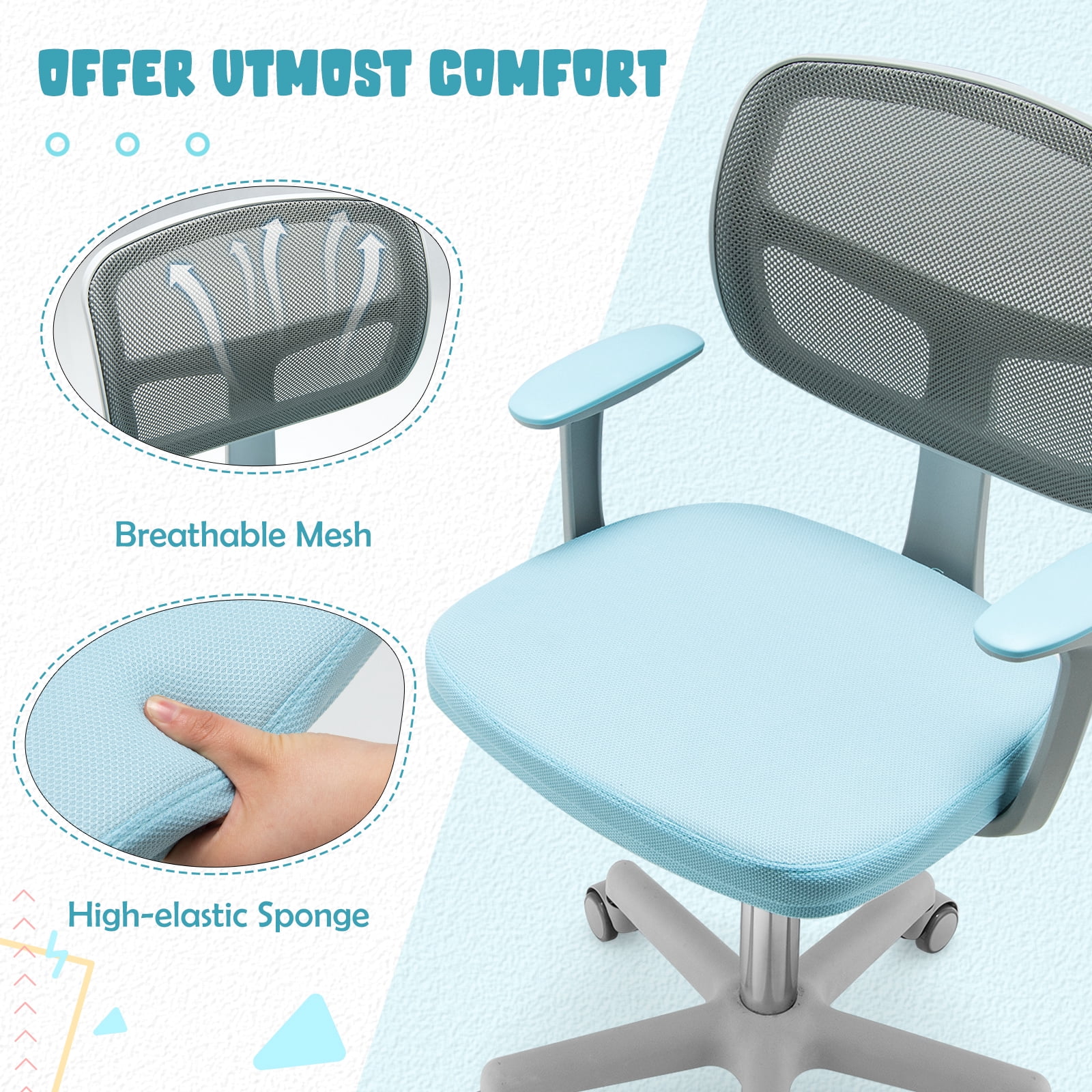Gymax Kids Desk Chair Adjustable Height Children Study Chair w/ Auto Universal Casters Blue