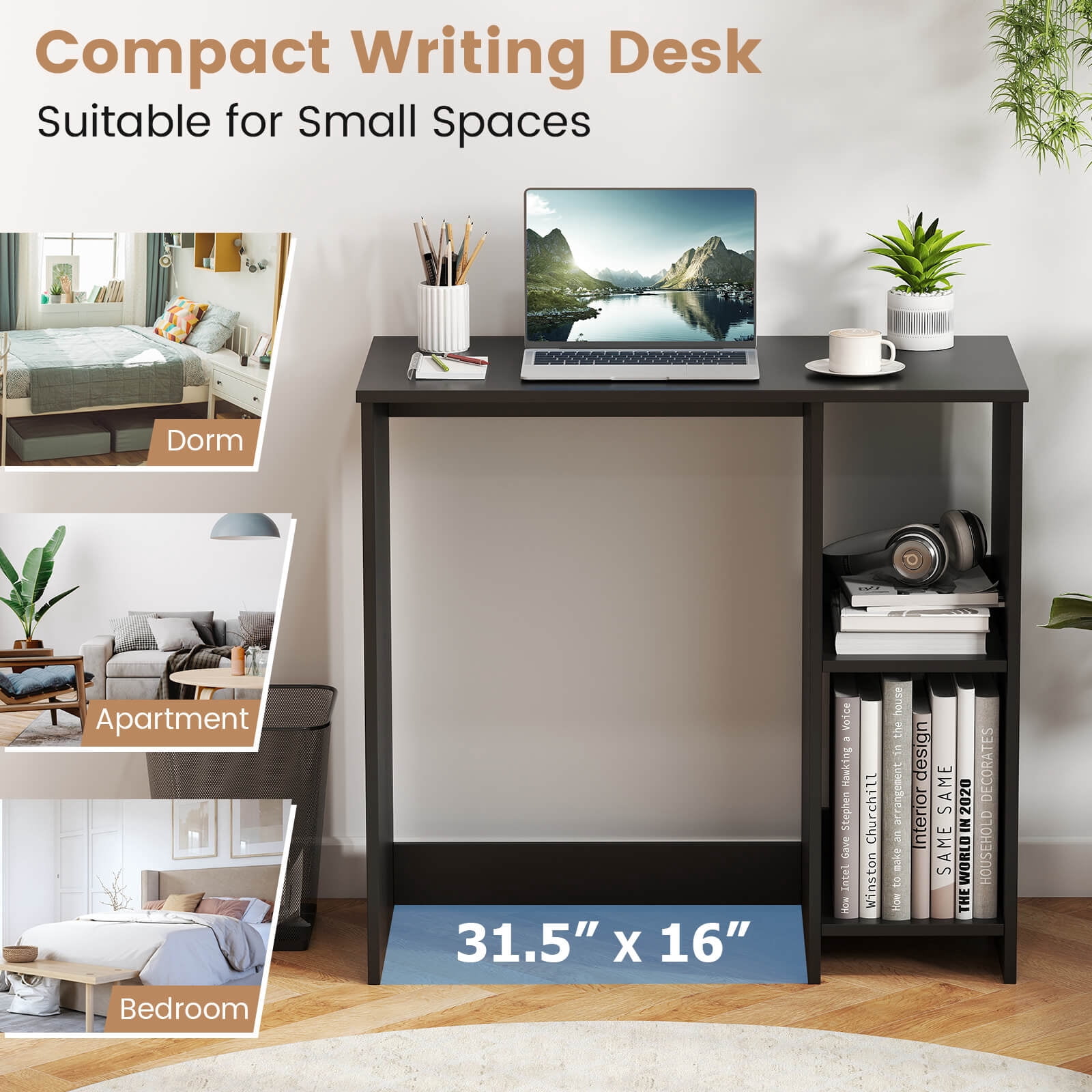 Costway 31.5" Small Computer Desk Home Office Study Writing Desk with 2 Compartments Black