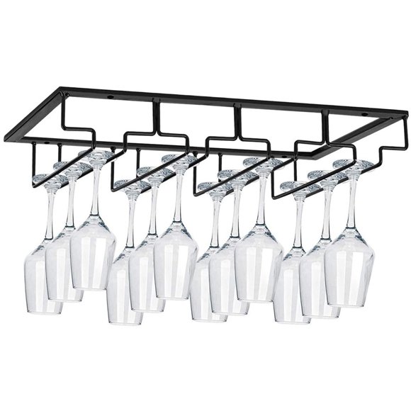 Wine Glass Rack Under Cabinet - Holder Metal Wine Glass Organizer Glasses Storage Hanger for Bar Kitchen Black 4 Rows