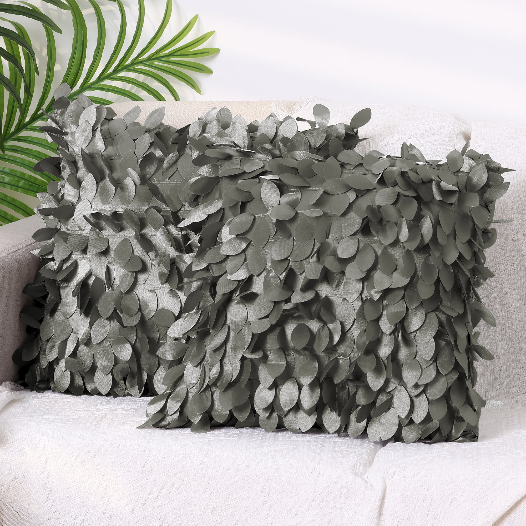 Unique Bargains Sequins Leaf 3D Throw Pillow Cover Pack of 4 Solid Color Cushion Covers Grey/Gold 18" x 18"
