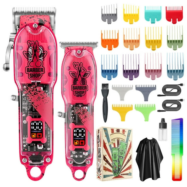 Graflsoa Professional Cordless Hair Clipper & Trimmer Set with 16 Guide Combs, LED Display, Long Battery Life, and Accessories for Men - Red Scissors Design