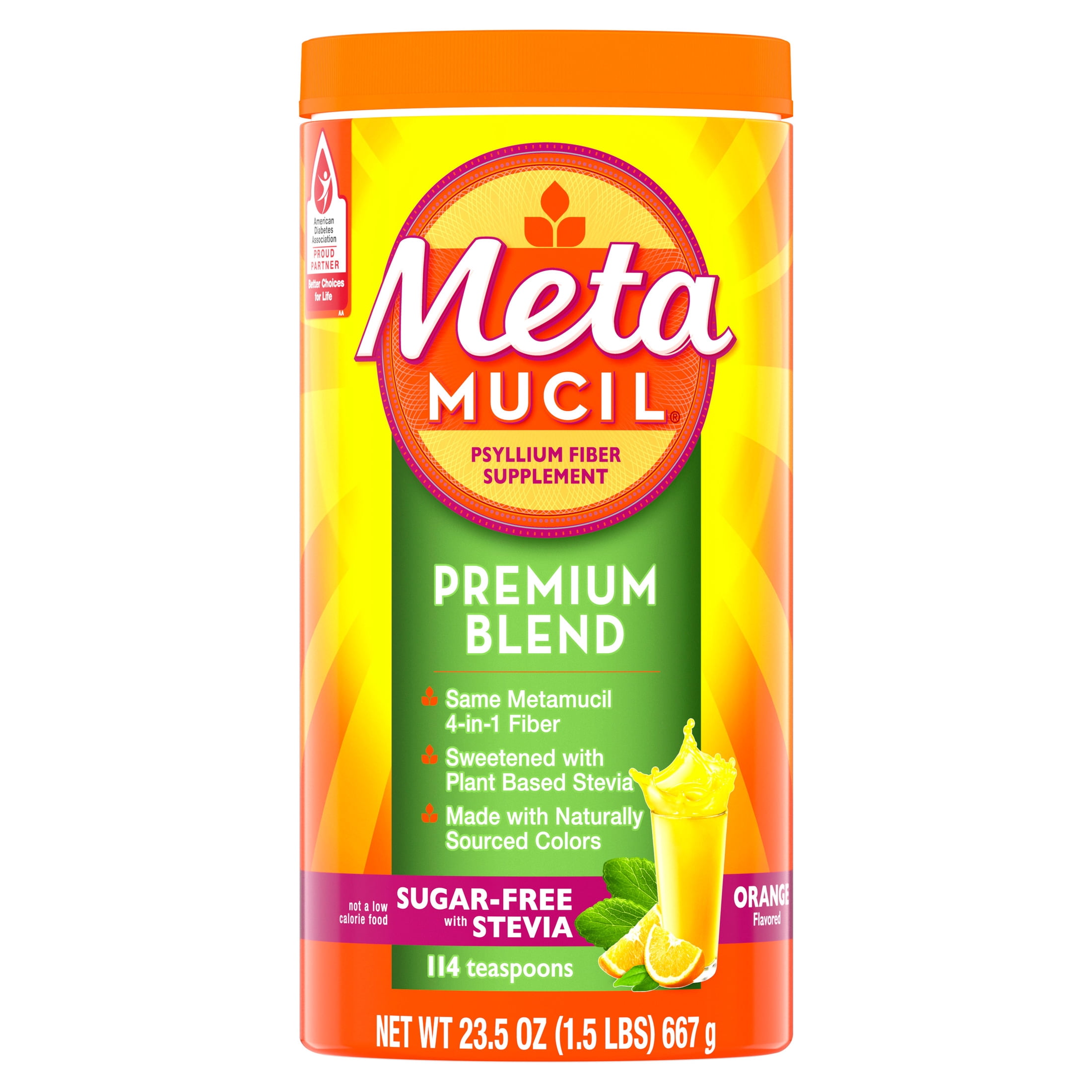 (4 pack) Metamucil Premium Blend Fiber, Sugar-Free with Stevia, Orange, GLP-1 Friendly Fiber>, 114tsp