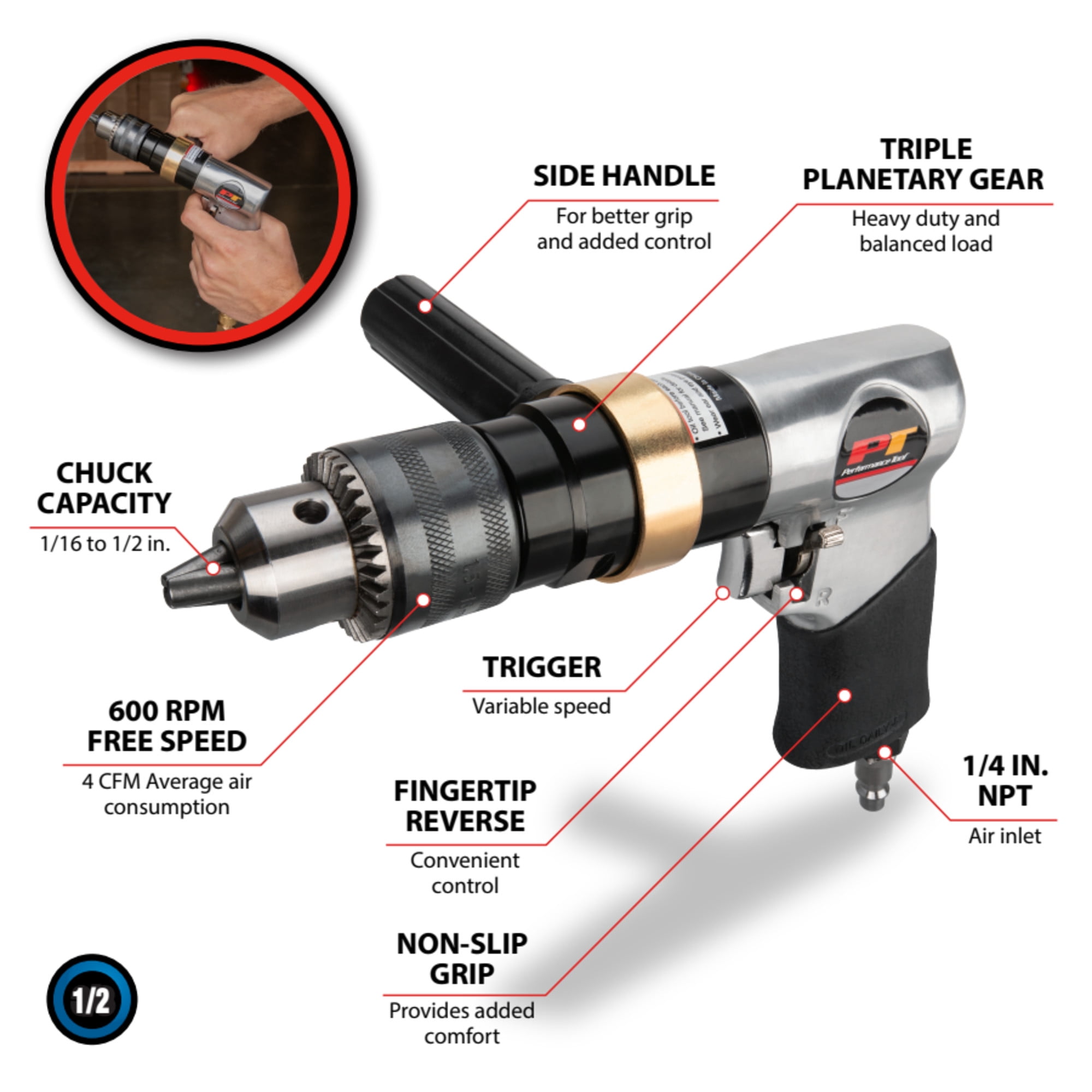 Performance Tool M651 1/2-Inch Heavy Duty Reversible Drill with Keyless Chuck and Variable Speed Trigger for Precision Drilling and Driving Jobs