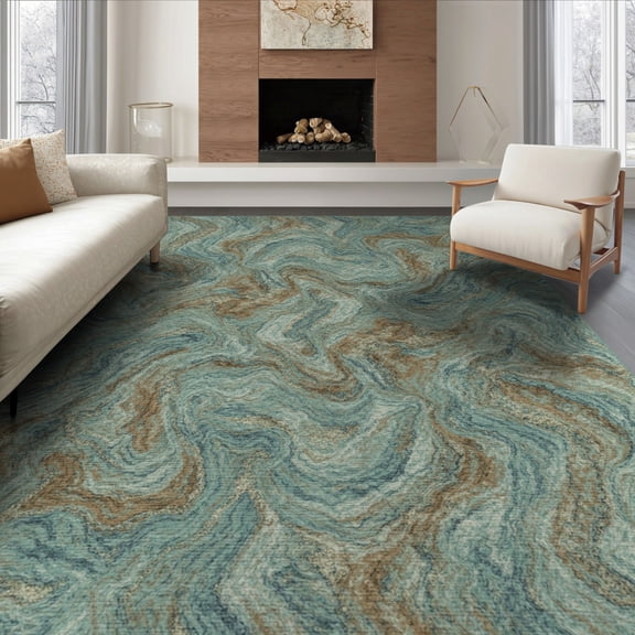 ODIKA 8'x10' Washable Area Rug Non-Shedding, Easy Care, Turquoise Flowing Veined Featuring Interlocking Ripples Orange for King Size Bedroom Under Bed, Master Suite