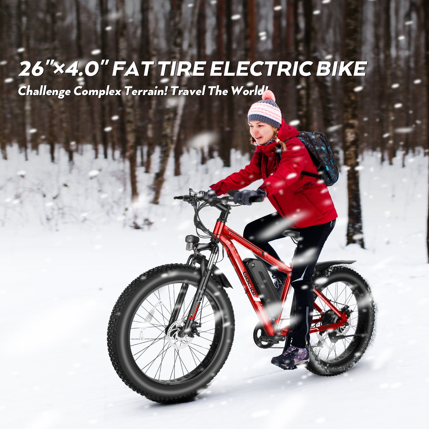 Gocio Peak 1000W 26" Electric Bike, 4" Fat Tire Electric Mountain Bike with 48V 13Ah Battery,Lightweight Aluminum Alloy Frame, Max 19.8Mph E Bike Beach Snow Bike for Adults Men UL2849 Certified