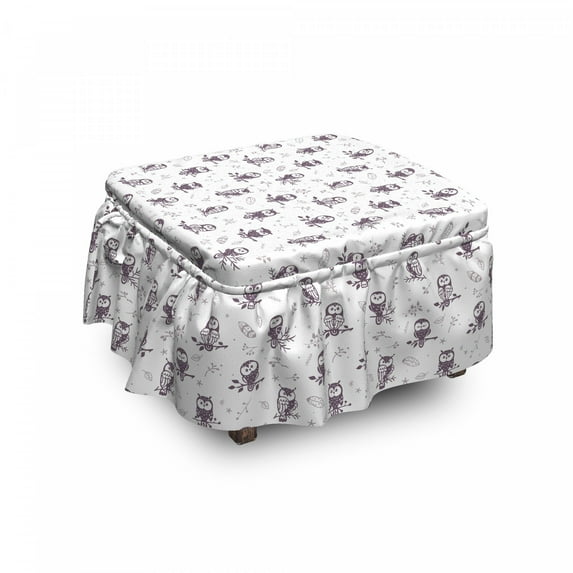 Owl Ottoman Cover, Owls on the Branch, 2 Piece Slipcover Set with Ruffle Skirt for Square Round Cube Footstool Decorative Home Accent, Standard Size, Eggplant White, by Ambesonne