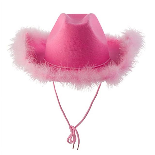 Sombrero de vaquero rosa de moda para mujer con ala de plumas esponjosas, tamaño adulto, sombrero de vaquero occidental para mujeres y niñas, 30*40cm