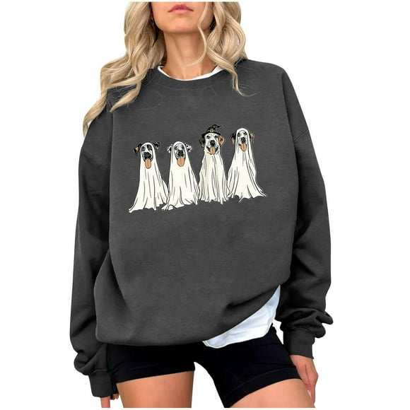 LMKIHUSA Ghost Sweatshirt Women Crew Neck Spooky Graphic Cute Sweater Happy Halloween Spooky Season Tops Long Sleeve Casual Fashion 2025 Pullover Gray,XXL