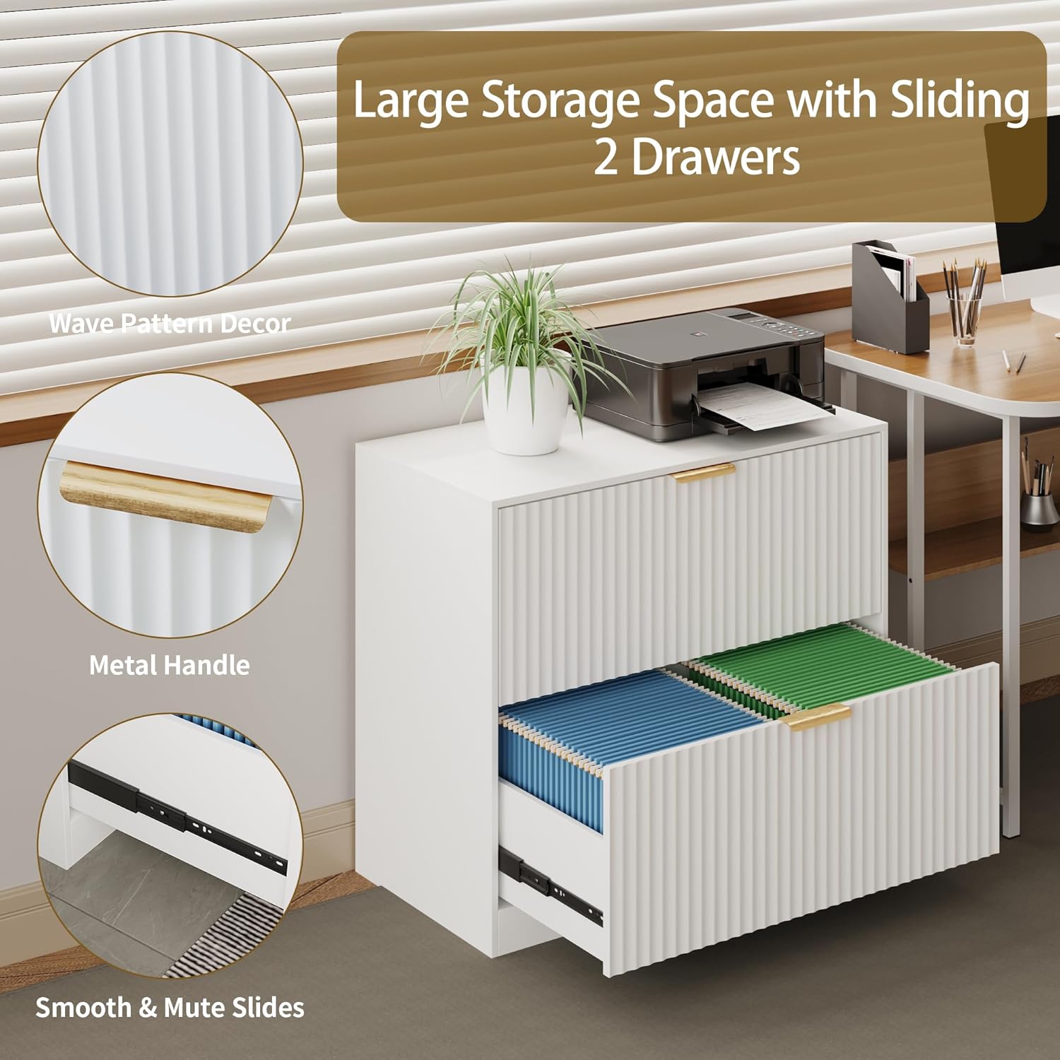 Pusnapku 2 Drawers File Cabinet, Modern 31" Printer Stand, Fluted Home Office Filing Cabinet with Adjustable Hanging Rails, for Legal/Letter/A4 Size