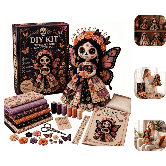 Day of the Dead Patchwork Doll DIY Kit, Sugar Skull Sewing Craft Kit for Adults, Vintage Fabric Doll Making Set, Fall Home Decor Handmade Gift for Craft Lovers and Doll Collectors B