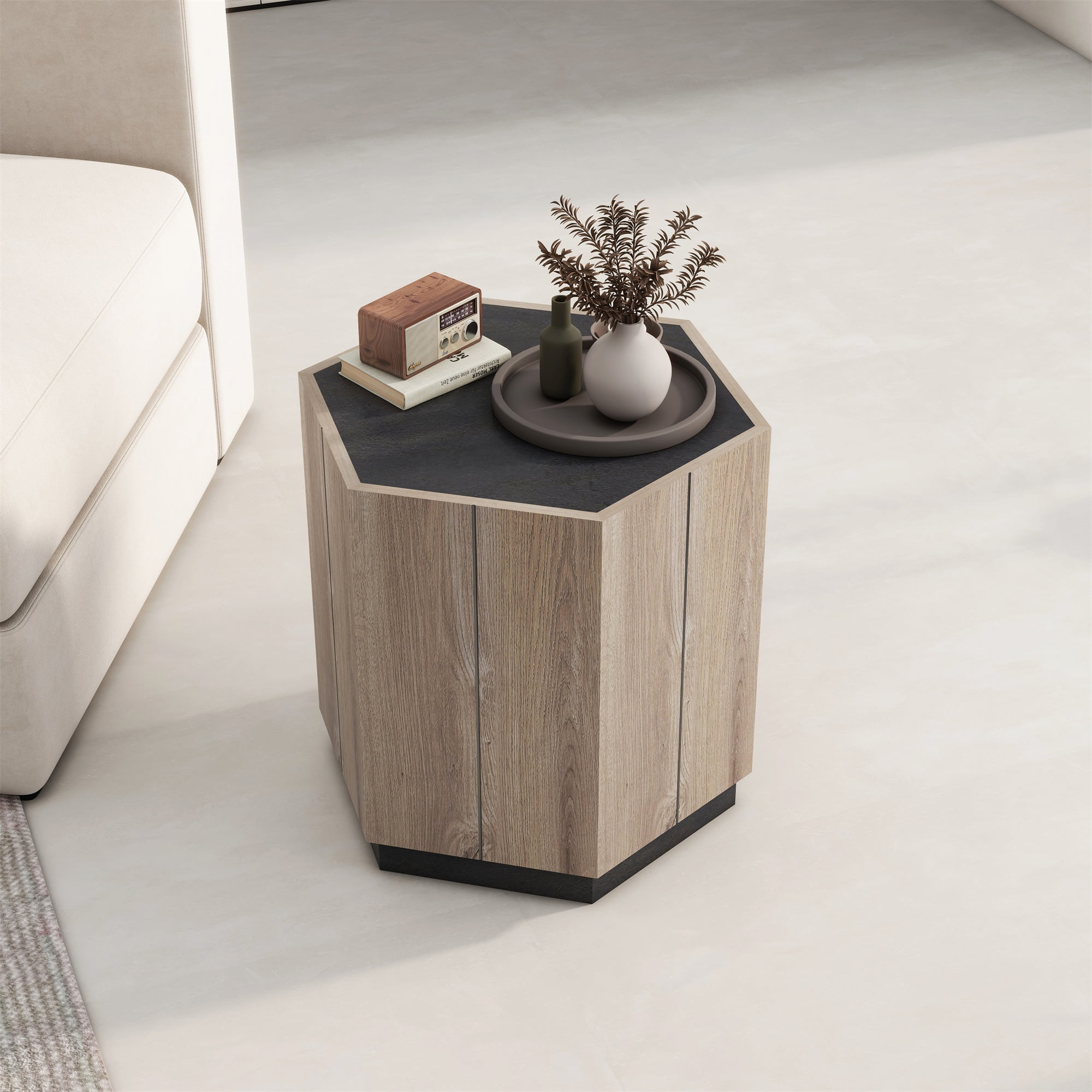 Kadyn Hexagonal Coffee Table, Tea Table with Drawers, Corner Table Bedroom Bedside Table, Light Oak Kadyn Hexagonal Coffee Table, Tea Table with Drawers, Corner Table Bedroom Bedside Table, Light Oak