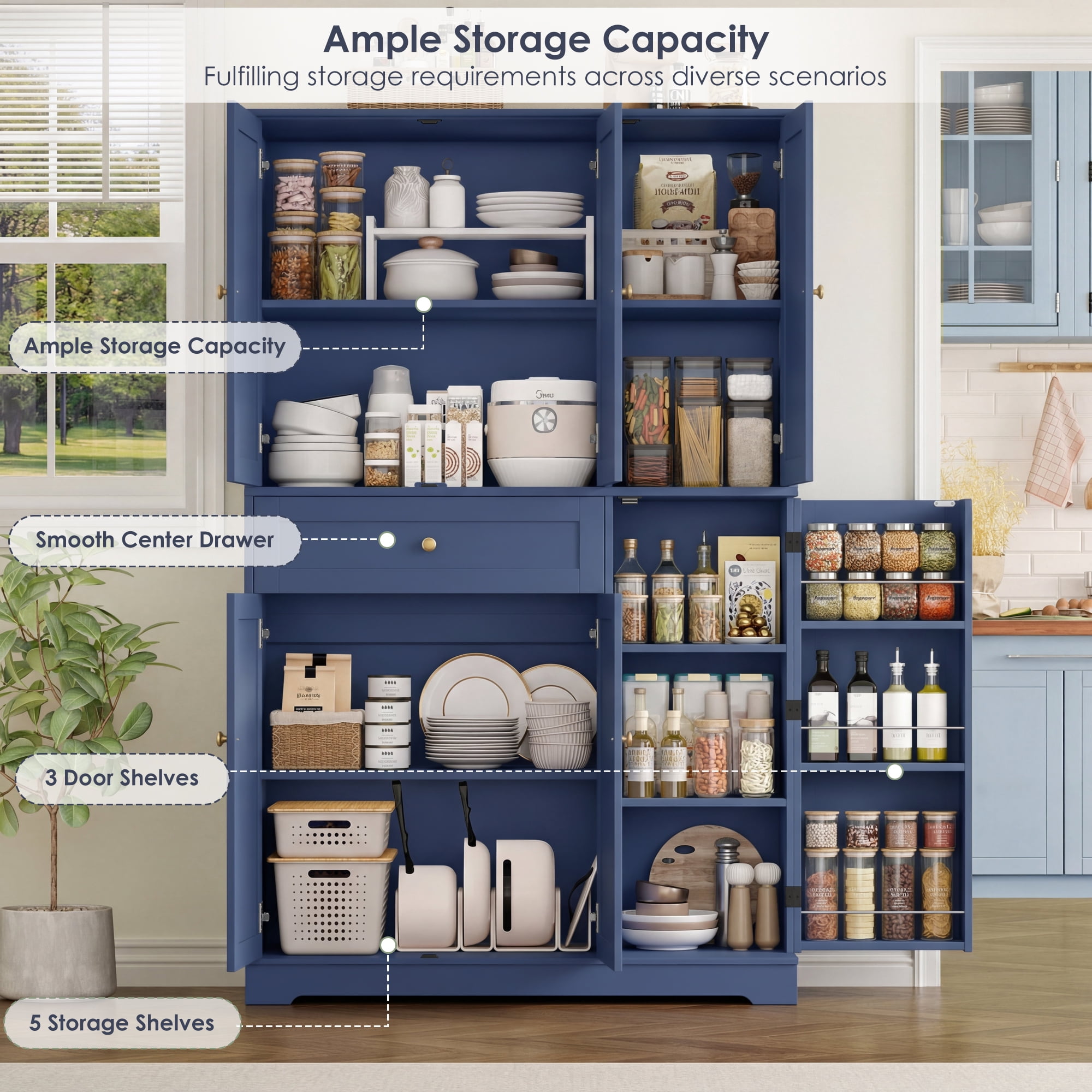 Homfa Kitchen Pantry Storage Cabinet, 68" Food Pantry Cabinet with Drawer and Door Shelf, 6 Door Freestanding Cupboard Buffet for Dining Room, Blue