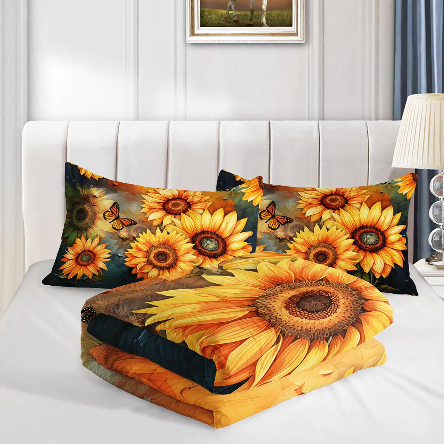3pcs Sunflower Butterfly Comforter Set, Rustic Bedding Set for Bedroom or Guest Room Decor, All Seasons Quilt Machine Washable Duvet with 2 Pillowcases
