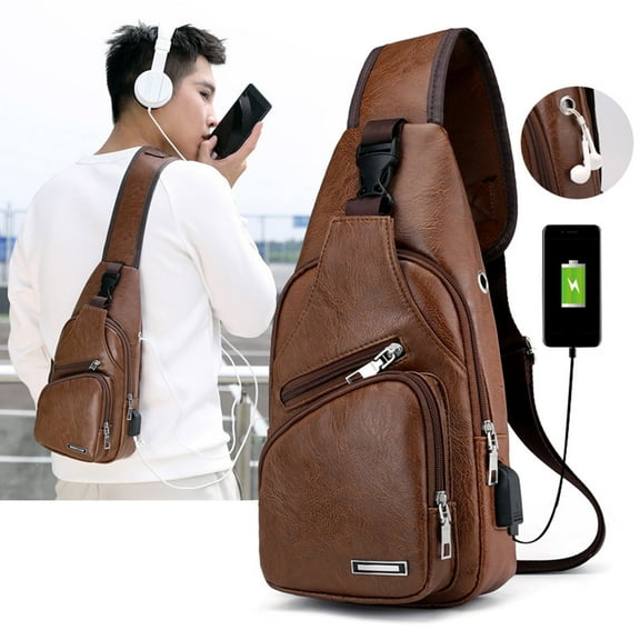 Leather Sling Bag for Men Women Crossbody Bag Chest Bag Sling Backpack for Men with USB Charge Port Travel Outdoor Camping