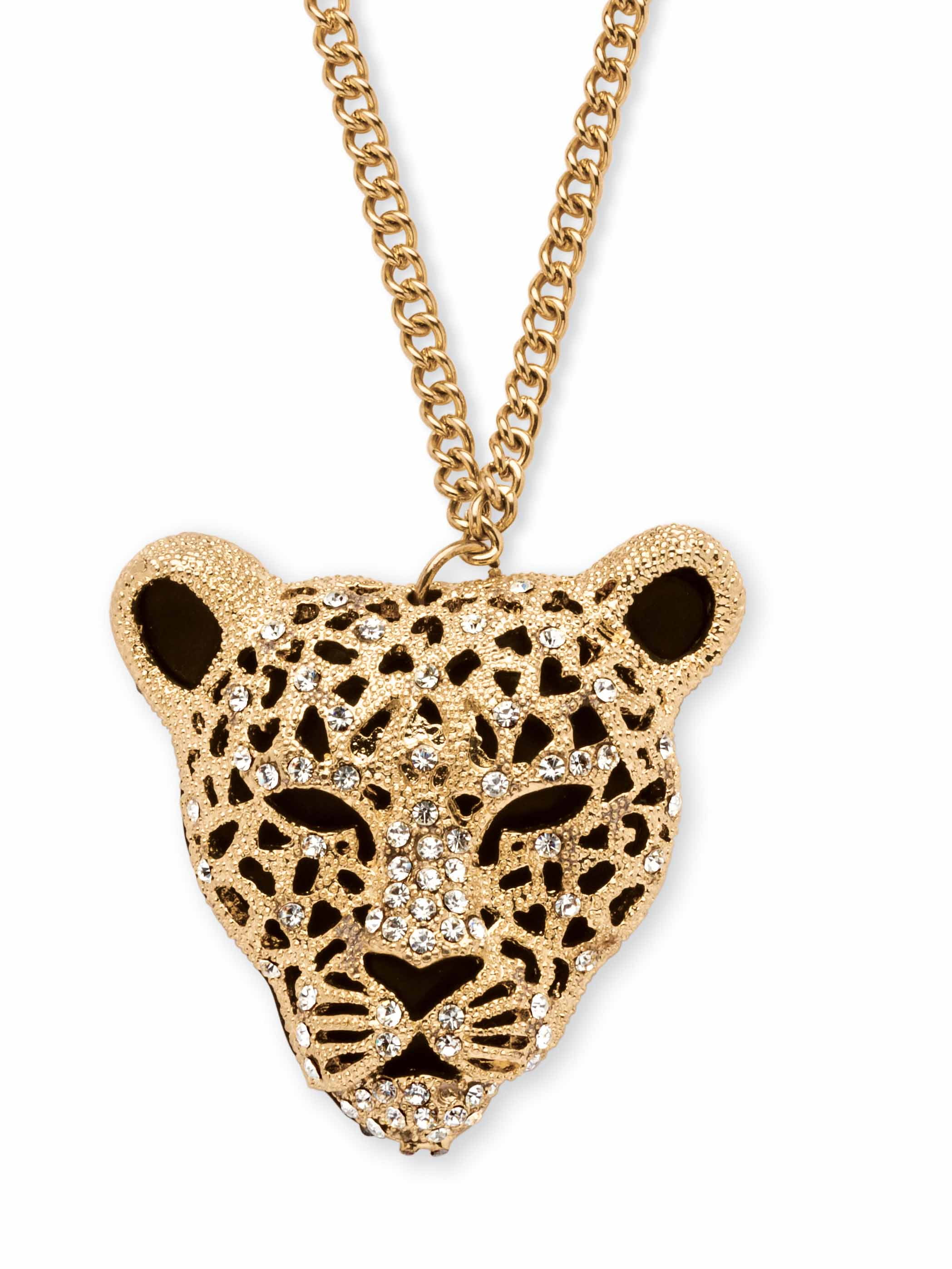 White Crystal Leopard Pendant Necklace in Yellow Goldtone 28