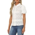 thumbnail image 4 of INSPIRE CHIC Women's Lace Tops Short Sleeve Lace Eyelet Button Down Blouse XS White, 4 of 6