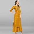 thumbnail image 5 of Janasya Indian Round Neck 3/4 Sleeve Floral Print Mustard Poly Silk Kurta With Palazzo For Women, 5 of 7