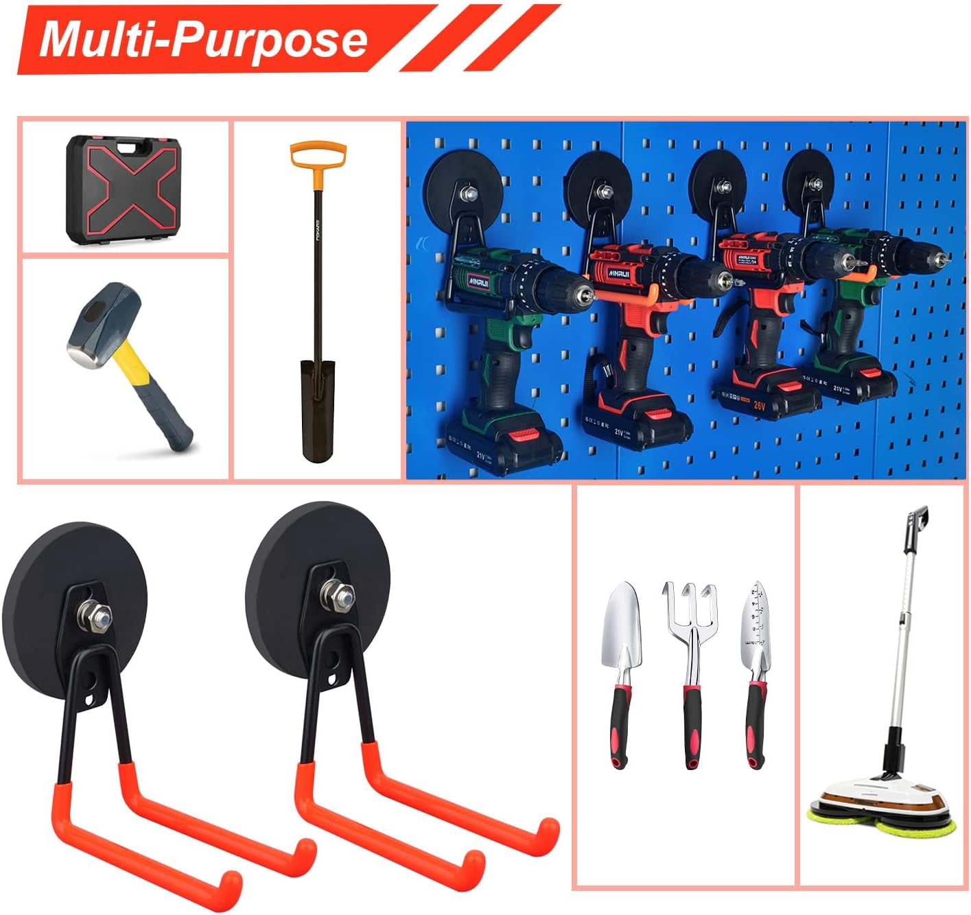 2 Pack Large Heavy Duty Garage Magnetic Hooks Anti-Slip Coated Utility Magnet Tool Organizer for Hanging Garden Hoses Pegboard
